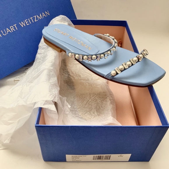Stuart Weitzman Women's Aleena Shine Blue Leather Crystal Slide Flat Sandals 6.5 - Picture 11 of 11